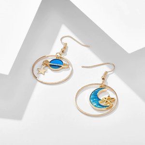 Celestial Moon & Saturn Dangle Earrings